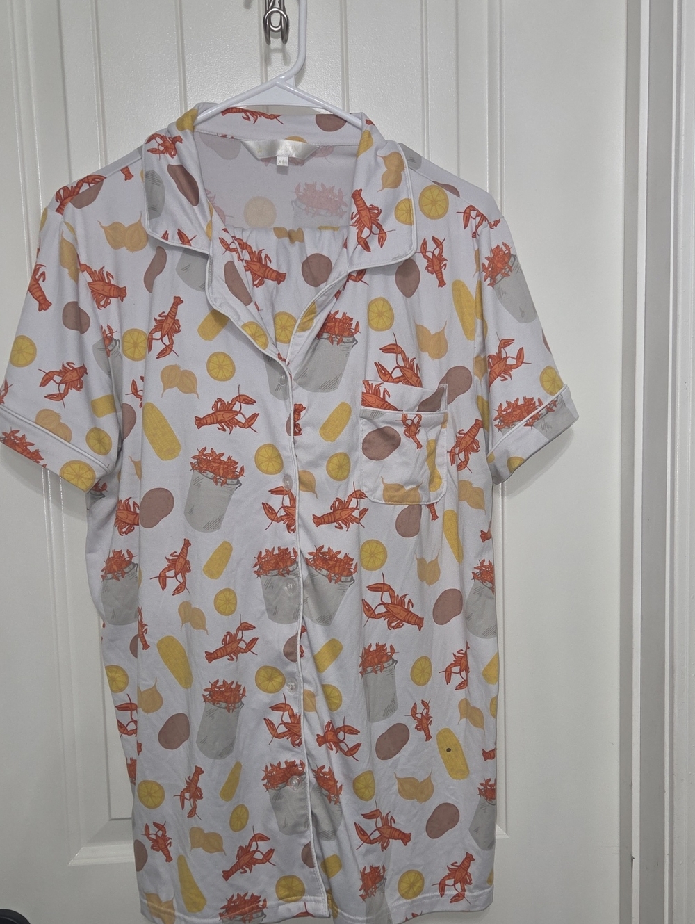 Women's White Short-Sleeve Button Pajama Top with Orange Lobster Print